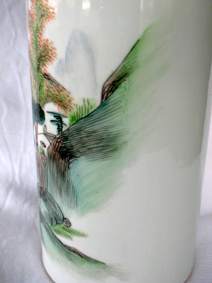 China Porcelain Roller Vase. Decor Landscape And Fisherman. Early 20th Century-photo-3