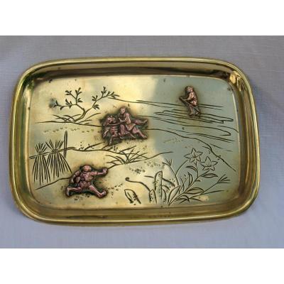Opium Tray In Brass And Copper Worked. Characters In Relief. Japan, 19th Century