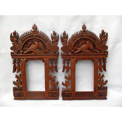 Pair Of Picture Frames Of Sculpted Wood. Decor With Birds. China, Late 19th Century