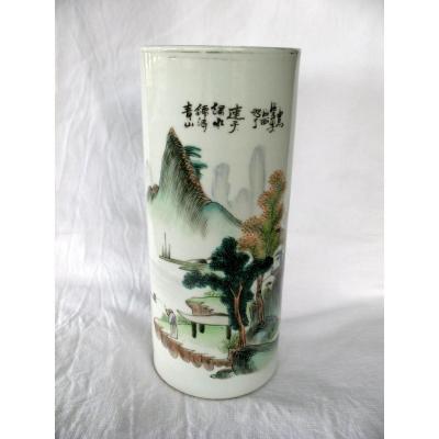 China Porcelain Roller Vase. Decor Landscape And Fisherman. Early 20th Century