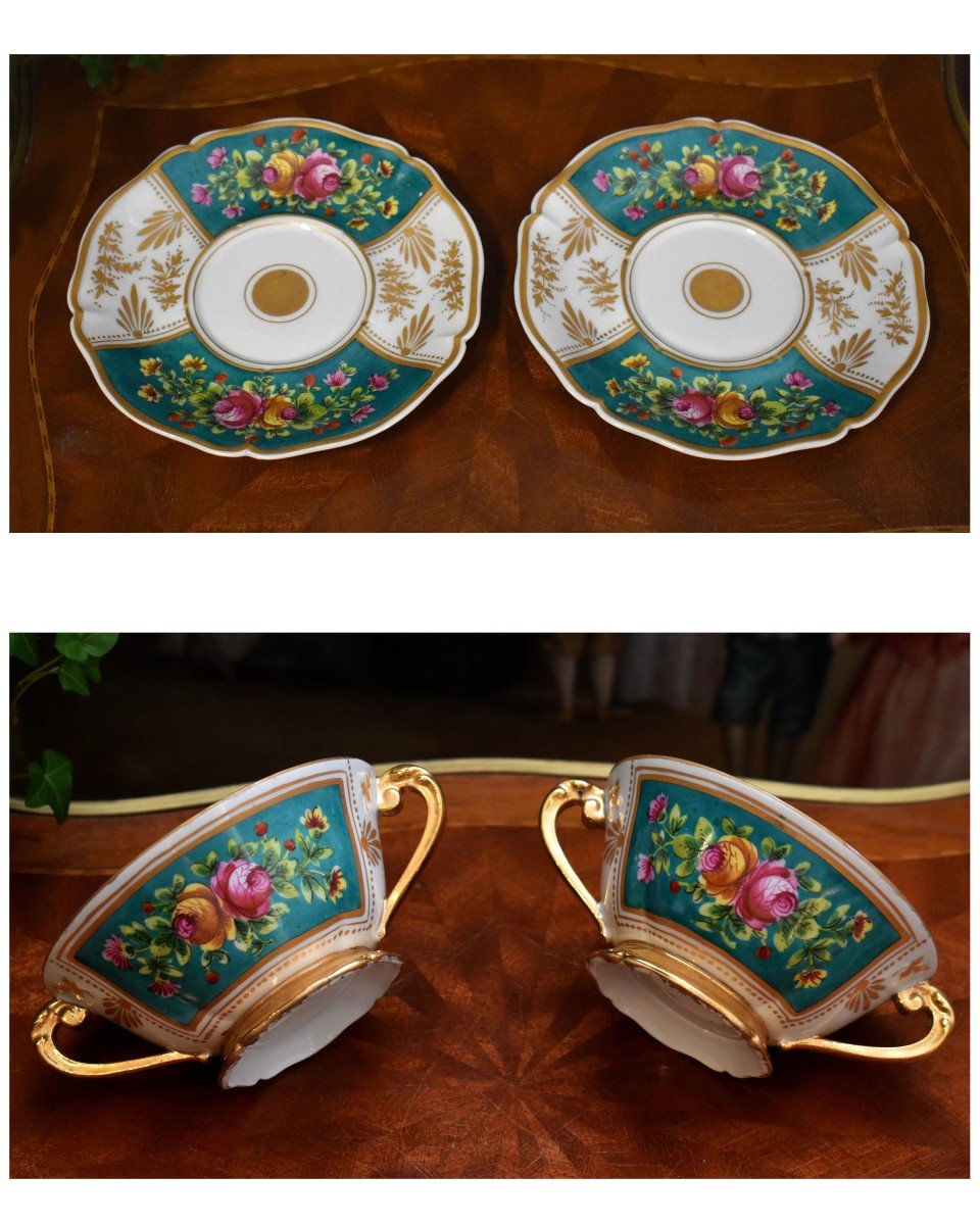 Pair Of Limoges Porcelain Cups, Bouillon, Chocolate Etc... Entirely Hand Painted-photo-6