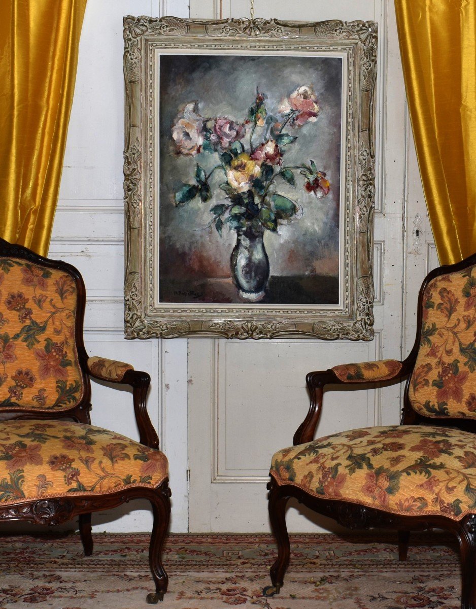 Pierre Papillaud,  Peintre Limousin, Bouquet De Roses Sur Entablement Dans Cadre Montparnasse .-photo-8