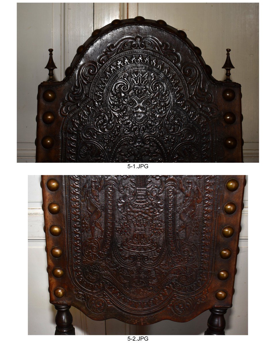 Spanish Renaissance Style High Back Chair, Cordou Leather, Nineteenth-photo-1