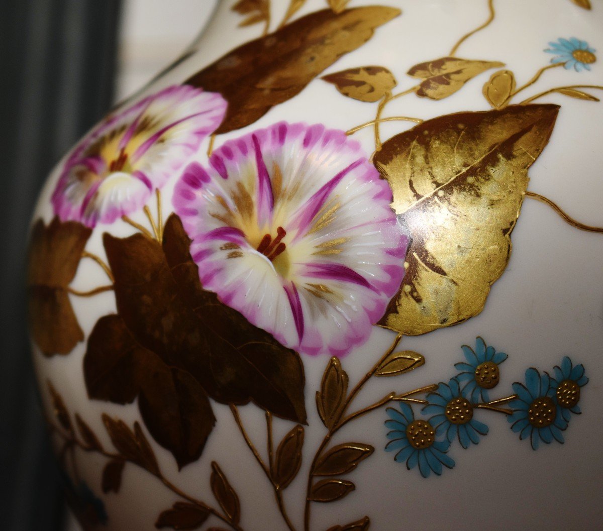 Cfh/gdm Late 19th Century, Large Pitcher In Limoges Porcelain, Ewer Hand Painted Decor, Lily-photo-3