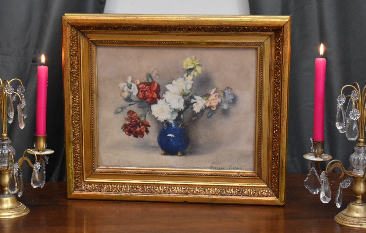 Henri Georges Villain ( 1854-1930) Aquarelle Encadrée, Bouquet De Fleurs Sur Un Entablement.-photo-3