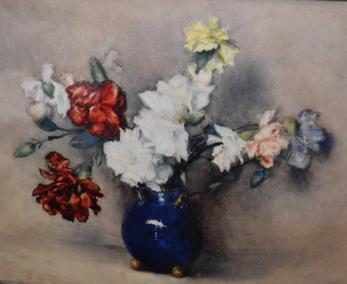 Henri Georges Villain ( 1854-1930) Aquarelle Encadrée, Bouquet De Fleurs Sur Un Entablement.-photo-1