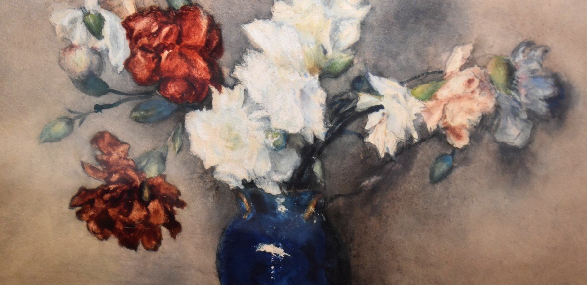 Henri Georges Villain ( 1854-1930) Aquarelle Encadrée, Bouquet De Fleurs Sur Un Entablement.-photo-2