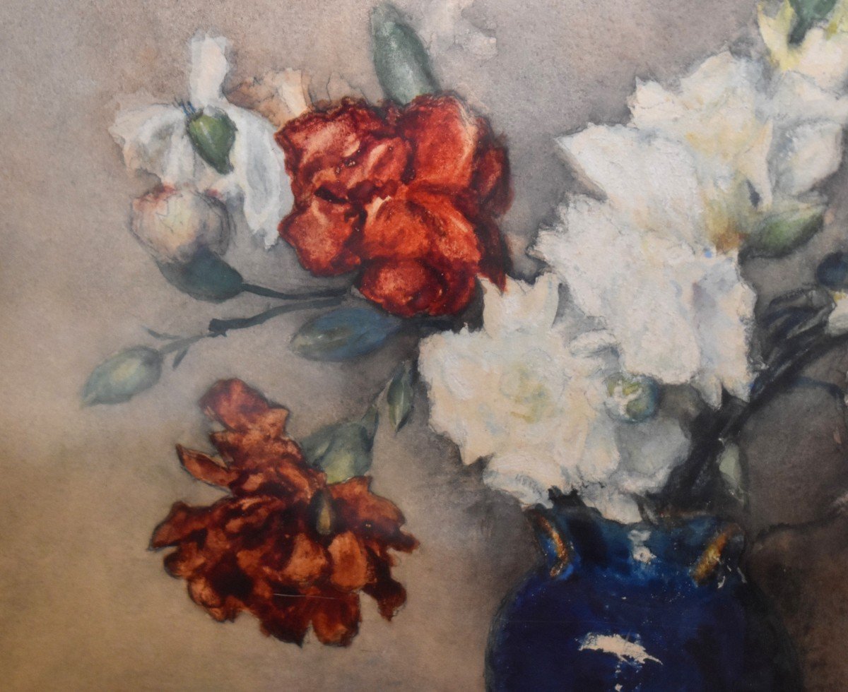 Henri Georges Villain ( 1854-1930) Aquarelle Encadrée, Bouquet De Fleurs Sur Un Entablement.-photo-3