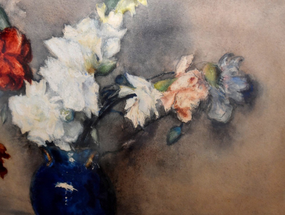 Henri Georges Villain ( 1854-1930) Aquarelle Encadrée, Bouquet De Fleurs Sur Un Entablement.-photo-4