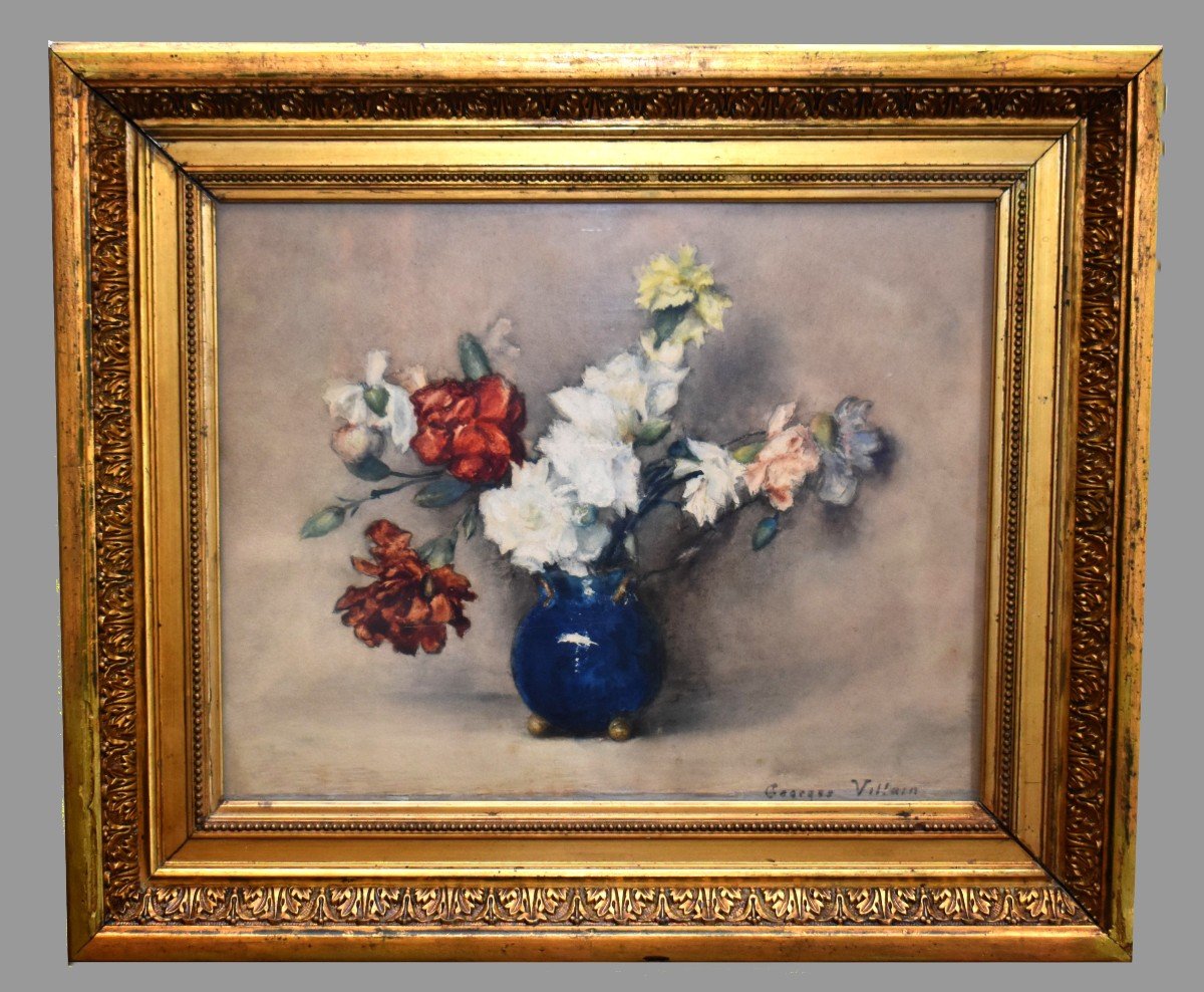 Henri Georges Villain ( 1854-1930) Aquarelle Encadrée, Bouquet De Fleurs Sur Un Entablement.