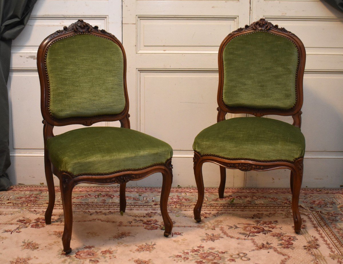 Pair Of Louis XV Style Chairs In Walnut, XIXth Century. Green Velvet Fabric.-photo-3