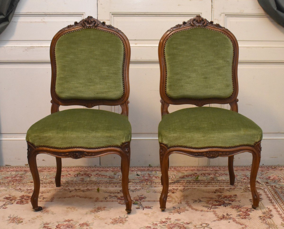 Pair Of Louis XV Style Chairs In Walnut, XIXth Century. Green Velvet Fabric.-photo-4