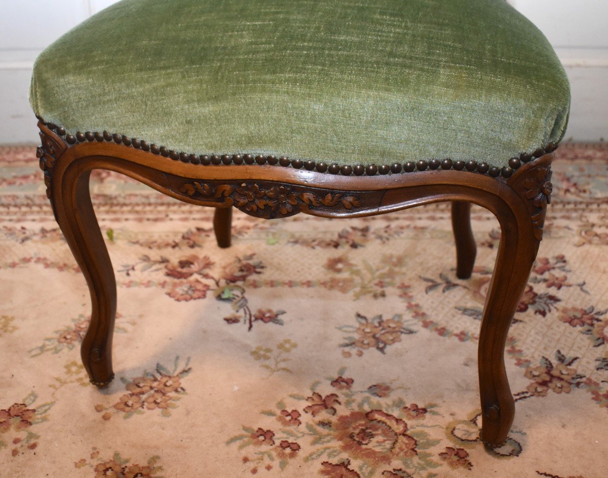 Pair Of Louis XV Style Chairs In Walnut, XIXth Century. Green Velvet Fabric.-photo-2