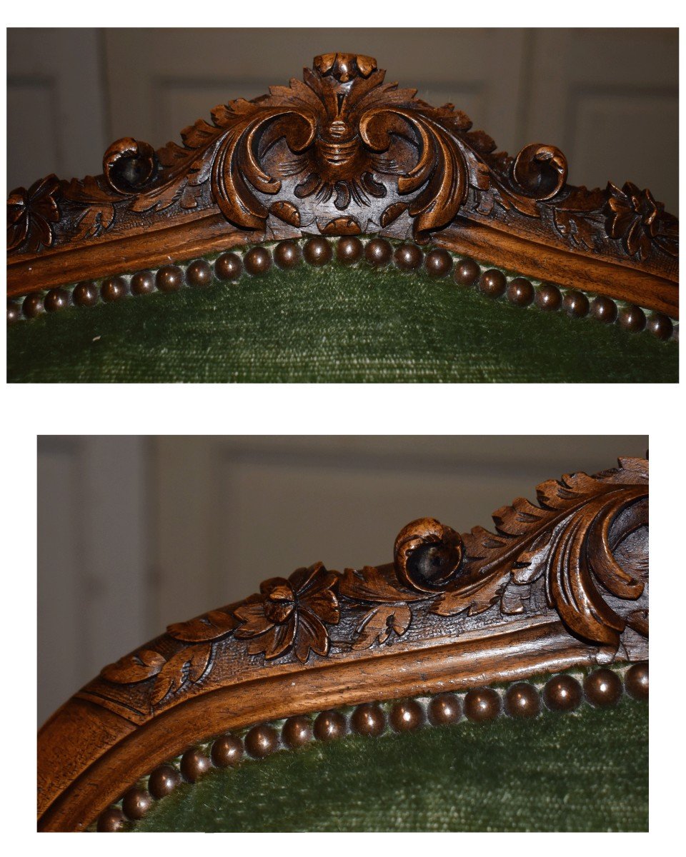 Pair Of Louis XV Style Chairs In Walnut, XIXth Century. Green Velvet Fabric.-photo-6