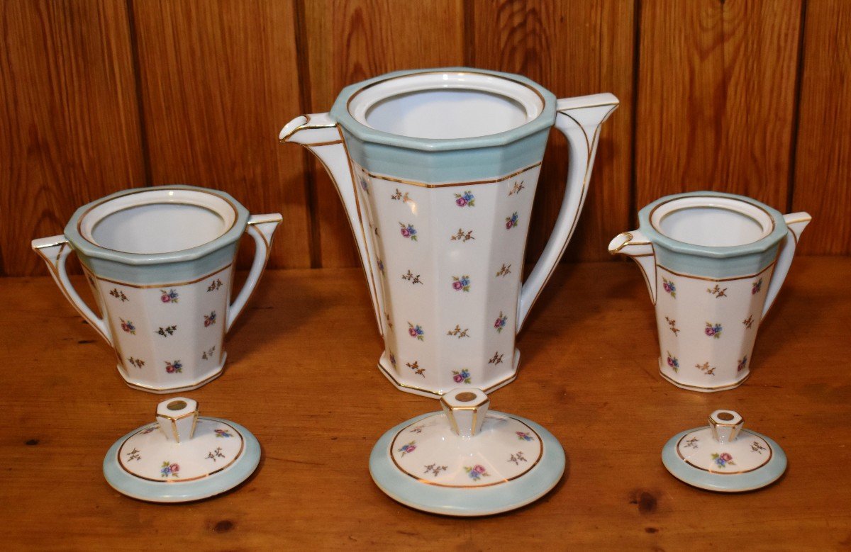 Michelaud Lucien, Art - Deco Coffee Or Tea Service In Limoges Porcelain, Floral Decor,-photo-3