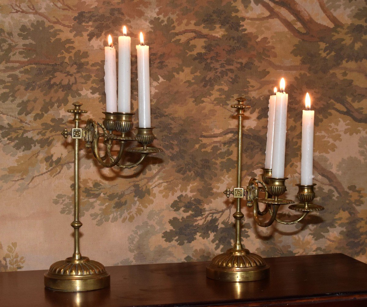 Pair Of Candlesticks In Bronze And Brass, Three Arms Of Light, 3 Lights Adjustable In Height,-photo-3