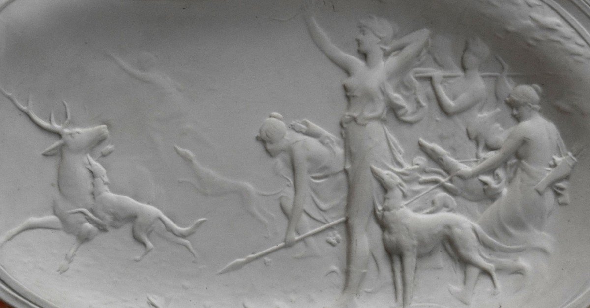 Limoges White Porcelain Biscuit Dish, Hunting Scene, Diana Huntress.-photo-4
