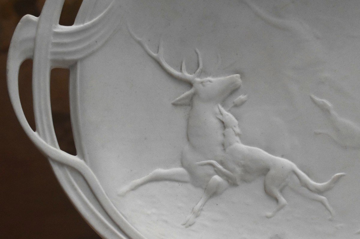Limoges White Porcelain Biscuit Dish, Hunting Scene, Diana Huntress.-photo-3