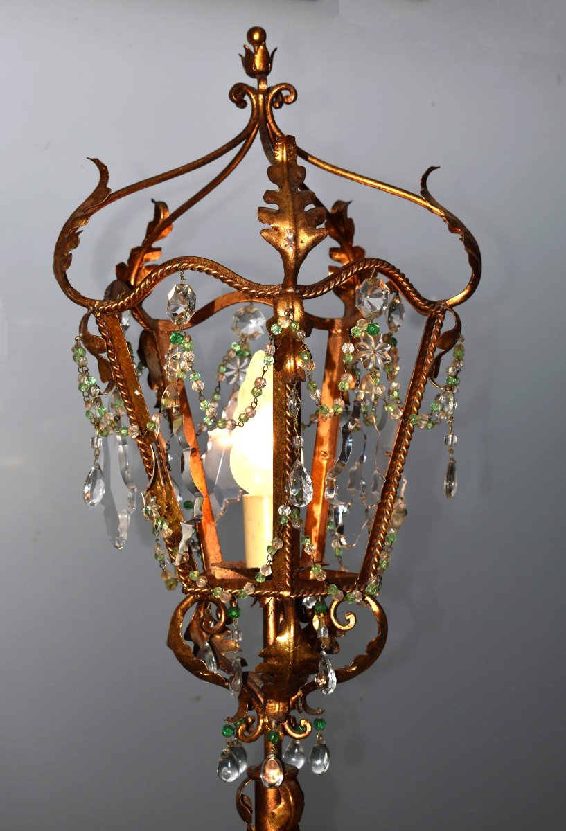Florentine Floor Lamp In Wrought Iron And Sheet Metal, Painted Old Gold, Lantern Decor With Pampilles-photo-4