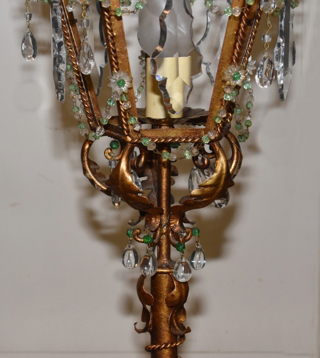 Florentine Floor Lamp In Wrought Iron And Sheet Metal, Painted Old Gold, Lantern Decor With Pampilles-photo-3