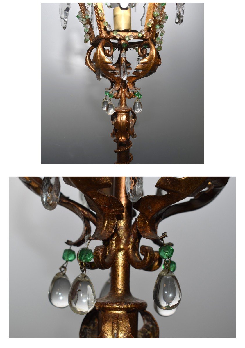 Florentine Floor Lamp In Wrought Iron And Sheet Metal, Painted Old Gold, Lantern Decor With Pampilles-photo-5