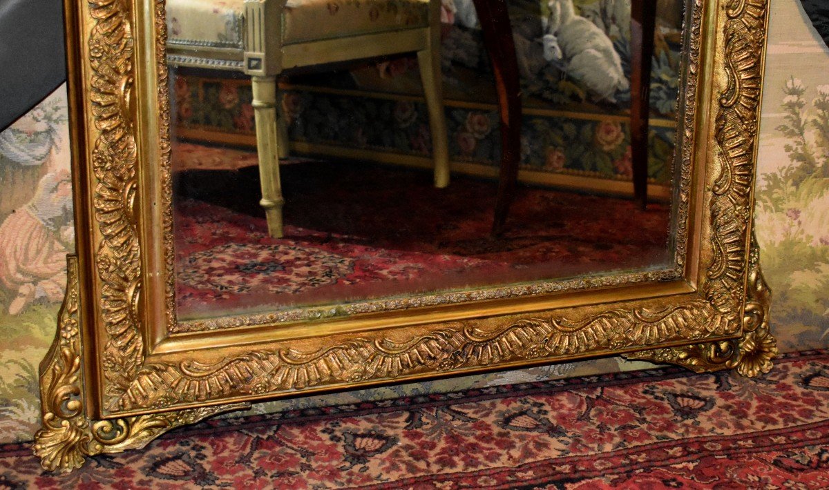 Grand Miroir à fronton de style Louis XV , Epoque  Napoléon III , Glace De Cheminée En Bois Et Stuc Doré, XIXème.-photo-4