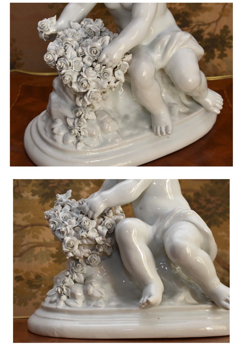 Grande Statue En Porcelaine Capodimonte, Naples,  Angelot Au Panier De Fleur, Signé Umberto Onesto, sculpture d'un  Putto ,-photo-5