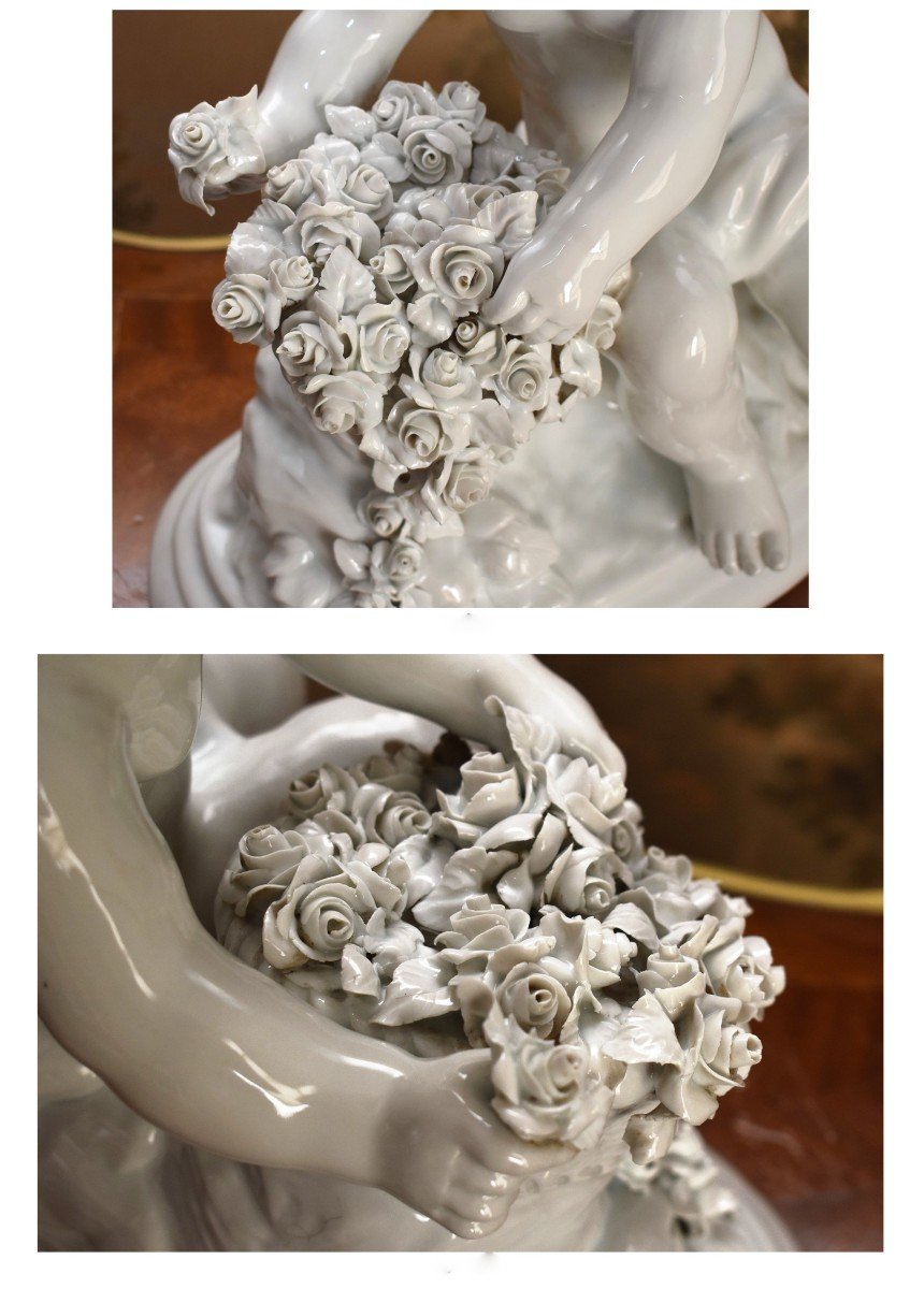 Capodimonte Porcelain Statue, Cherub With Flower Basket, Signed Umberto Onesto, Character-photo-6