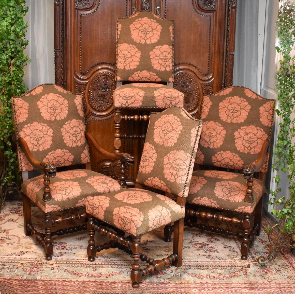 Louis XIII Style Living Room, Pair Of Armchairs And Pair Of XIXth Century Walnut Chairs.-photo-2