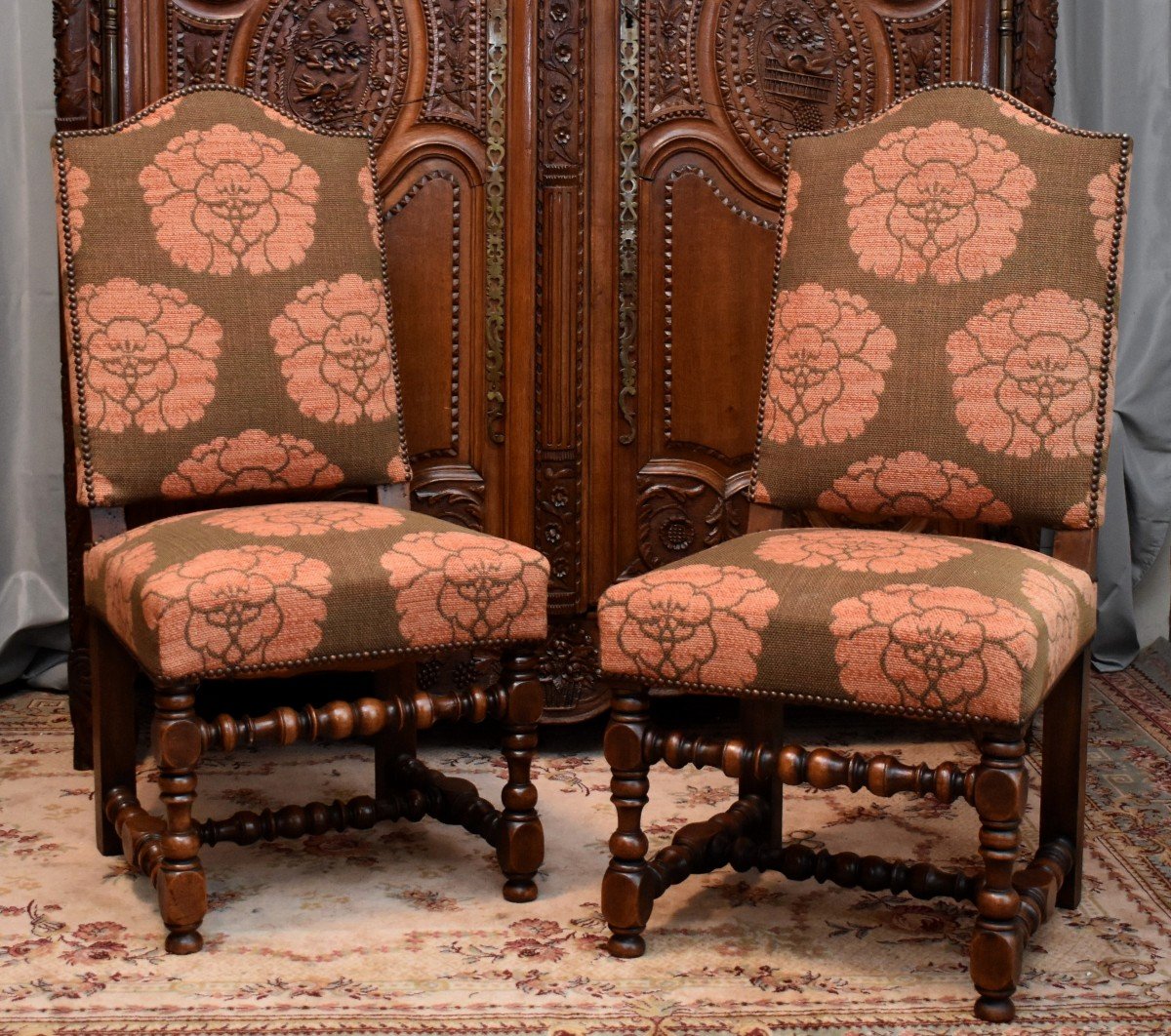 Louis XIII Style Living Room, Pair Of Armchairs And Pair Of XIXth Century Walnut Chairs.-photo-1