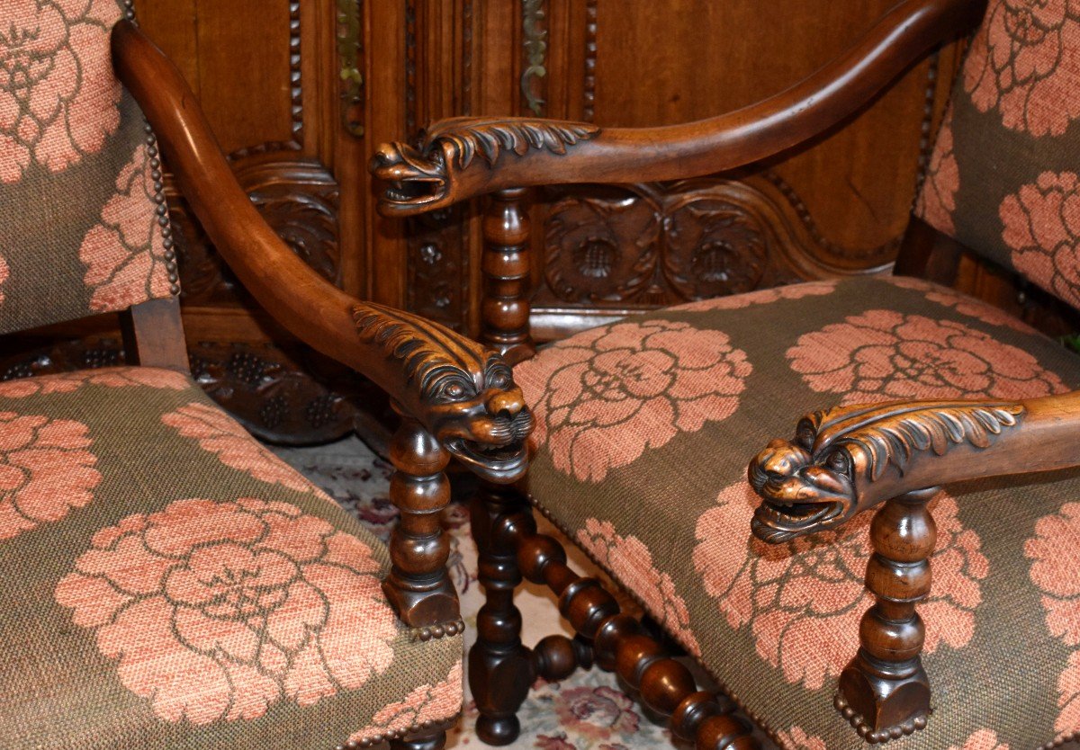 Louis XIII Style Living Room, Pair Of Armchairs And Pair Of XIXth Century Walnut Chairs.-photo-3