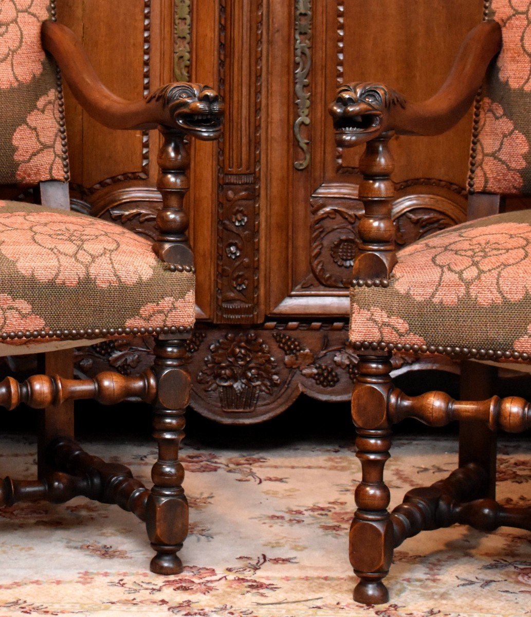 Louis XIII Style Living Room, Pair Of Armchairs And Pair Of XIXth Century Walnut Chairs.-photo-4