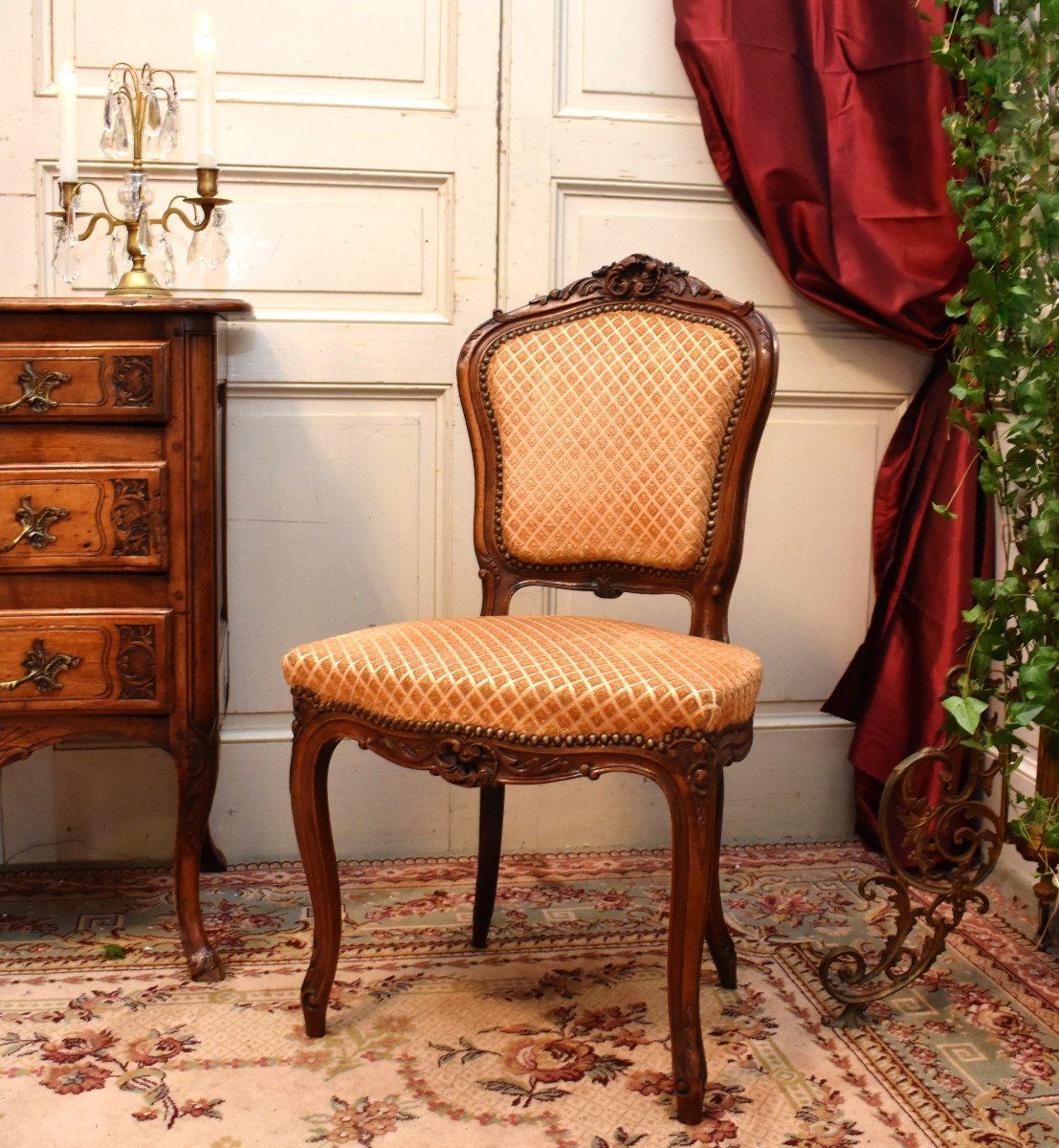 Bedroom Or Living Room Chair, Louis XV Style In Walnut, Velvet Fabric.-photo-2