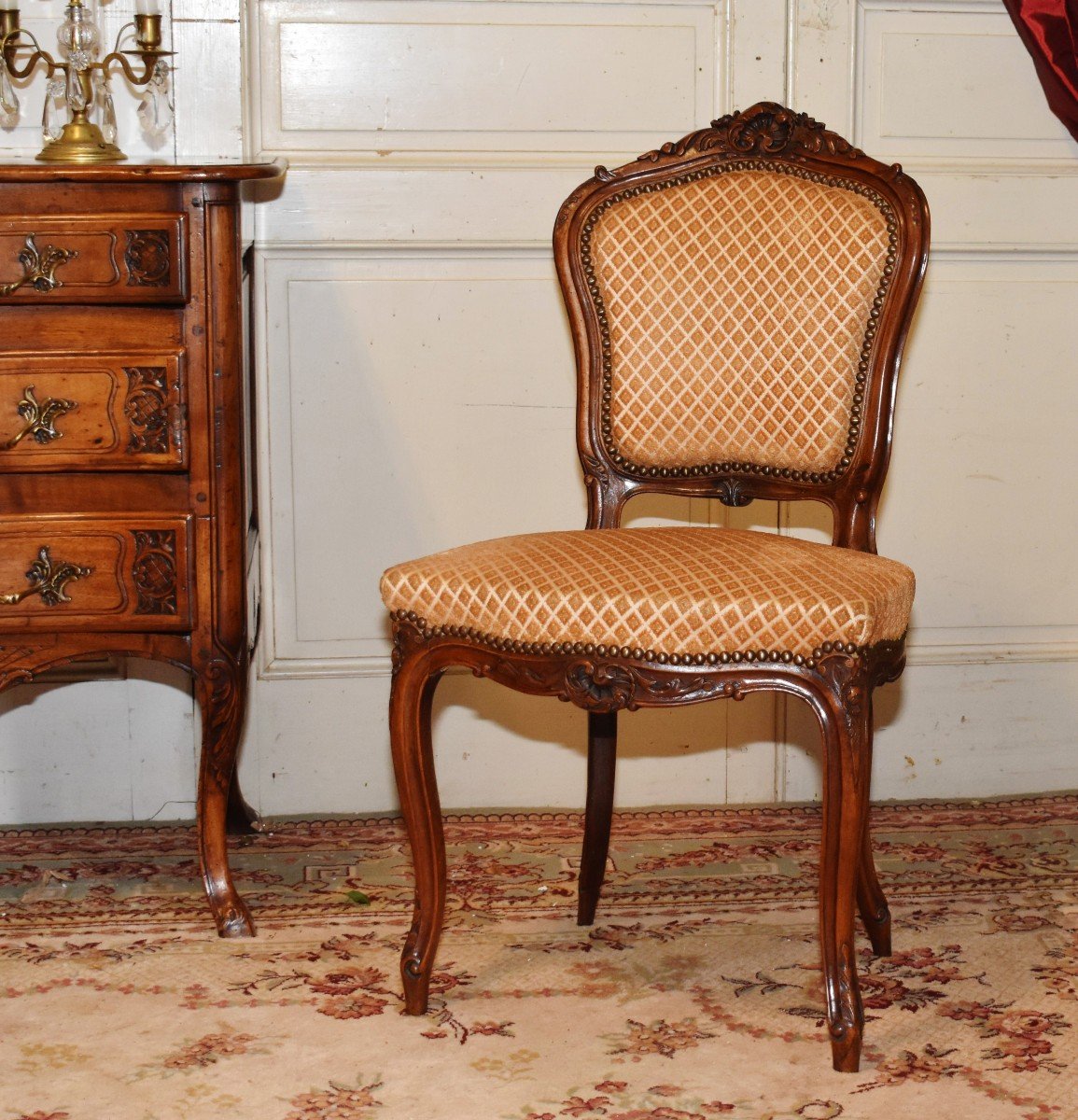 Bedroom Or Living Room Chair, Louis XV Style In Walnut, Velvet Fabric.-photo-4