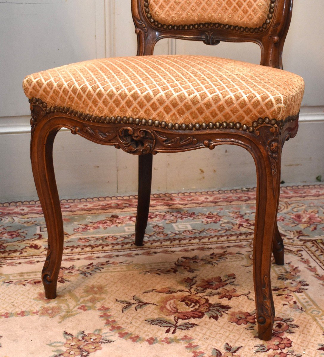 Bedroom Or Living Room Chair, Louis XV Style In Walnut, Velvet Fabric.-photo-3