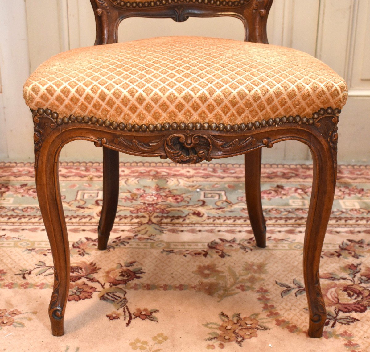 Bedroom Or Living Room Chair, Louis XV Style In Walnut, Velvet Fabric.-photo-4