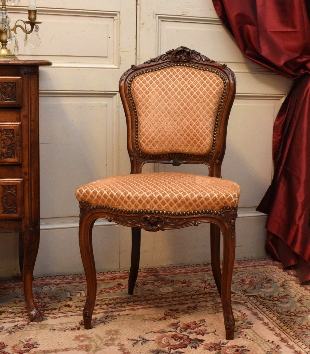 Bedroom Or Living Room Chair, Louis XV Style In Walnut, Velvet Fabric.