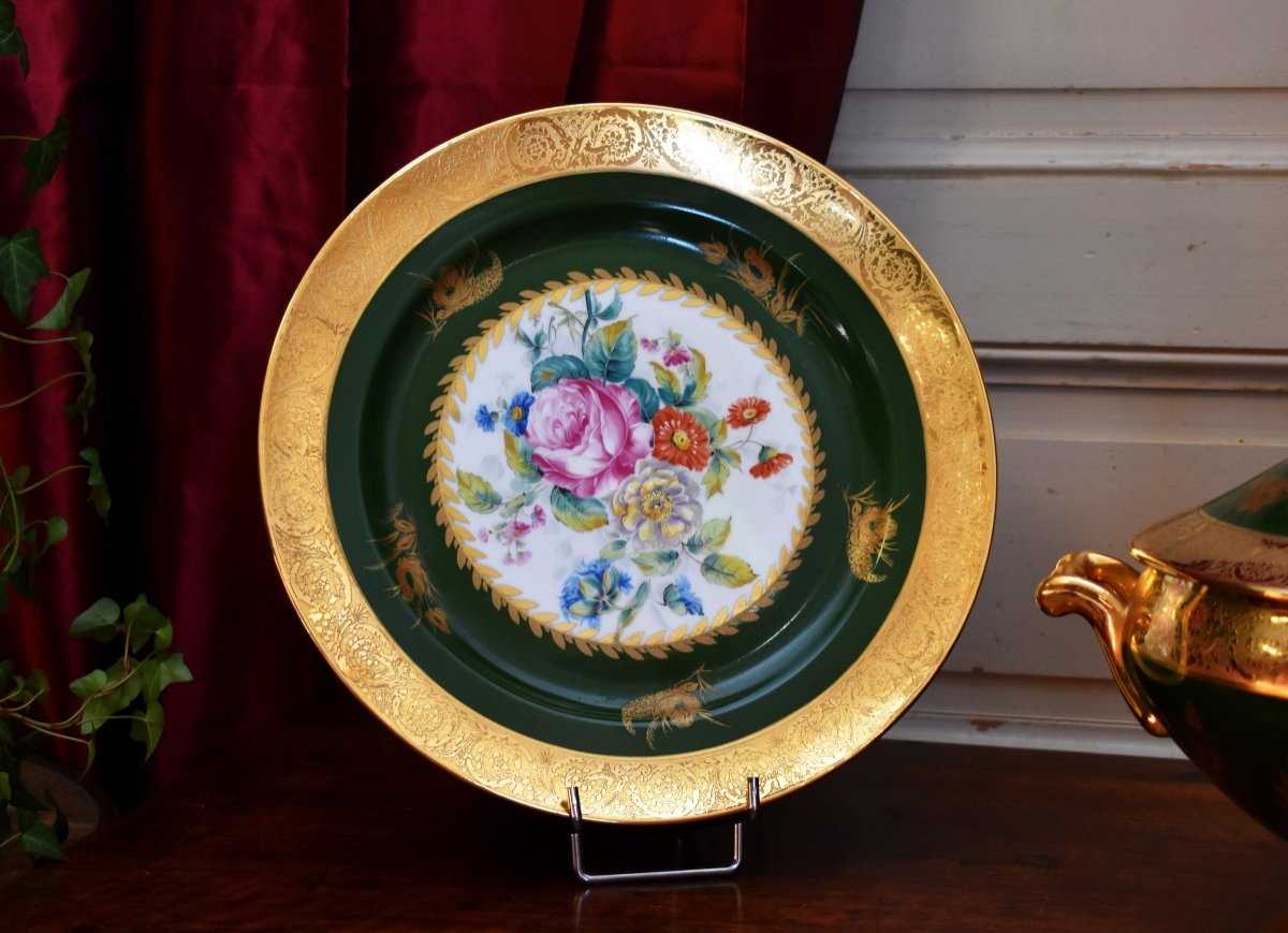 Rare Tureen And Its Presentation Dish In Limoges Porcelain, Double Gold Inlay-photo-1