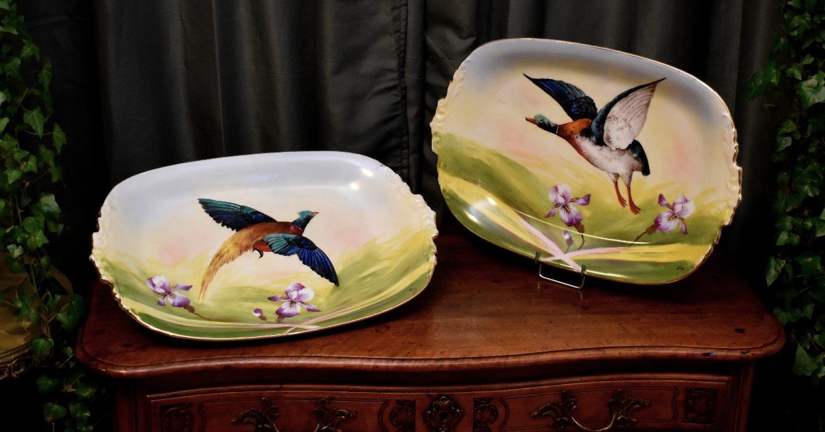 Importante Paire De Plats Décoratifs  Porcelaine De Limoges , Décor Peint Main  Faisan Canard 