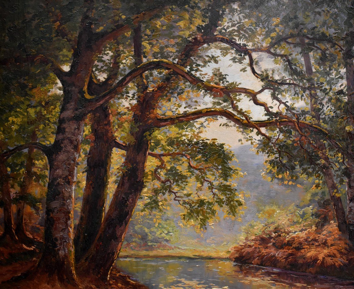 Dufau Jean (19th - 20th Century), "autumn" Landscape Very Large Painting Under Woods And River,-photo-2