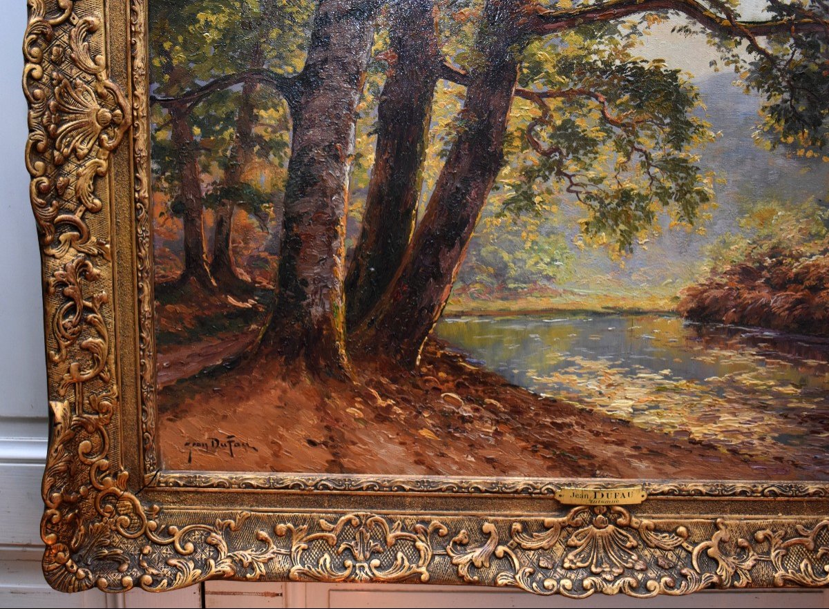 Dufau Jean (19th - 20th Century), "autumn" Landscape Very Large Painting Under Woods And River,-photo-5