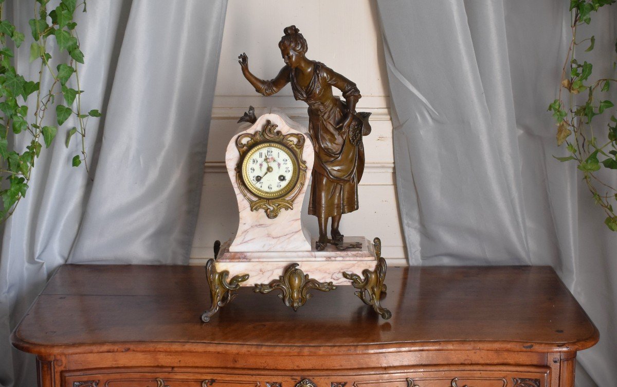 Marble Pendulum, Character Regulates Brown Patina, Young Peasant Woman With A Bird, Art Nouveau.-photo-2
