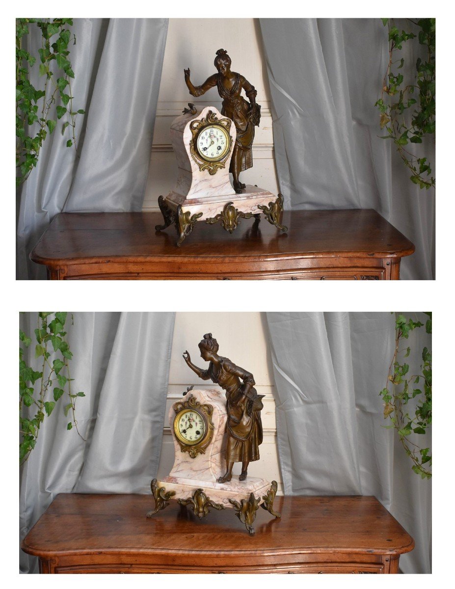 Marble Pendulum, Character Regulates Brown Patina, Young Peasant Woman With A Bird, Art Nouveau.-photo-3