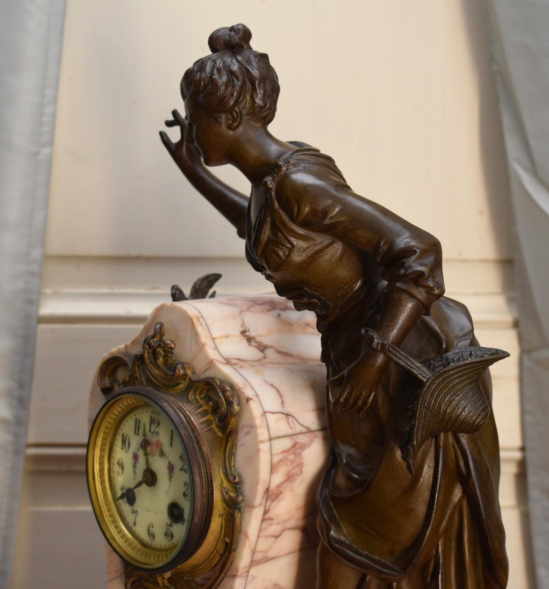 Marble Pendulum, Character Regulates Brown Patina, Young Peasant Woman With A Bird, Art Nouveau.-photo-2