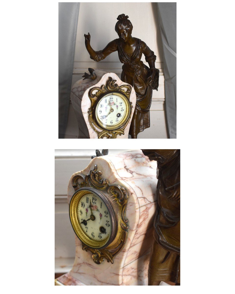 Marble Pendulum, Character Regulates Brown Patina, Young Peasant Woman With A Bird, Art Nouveau.-photo-7