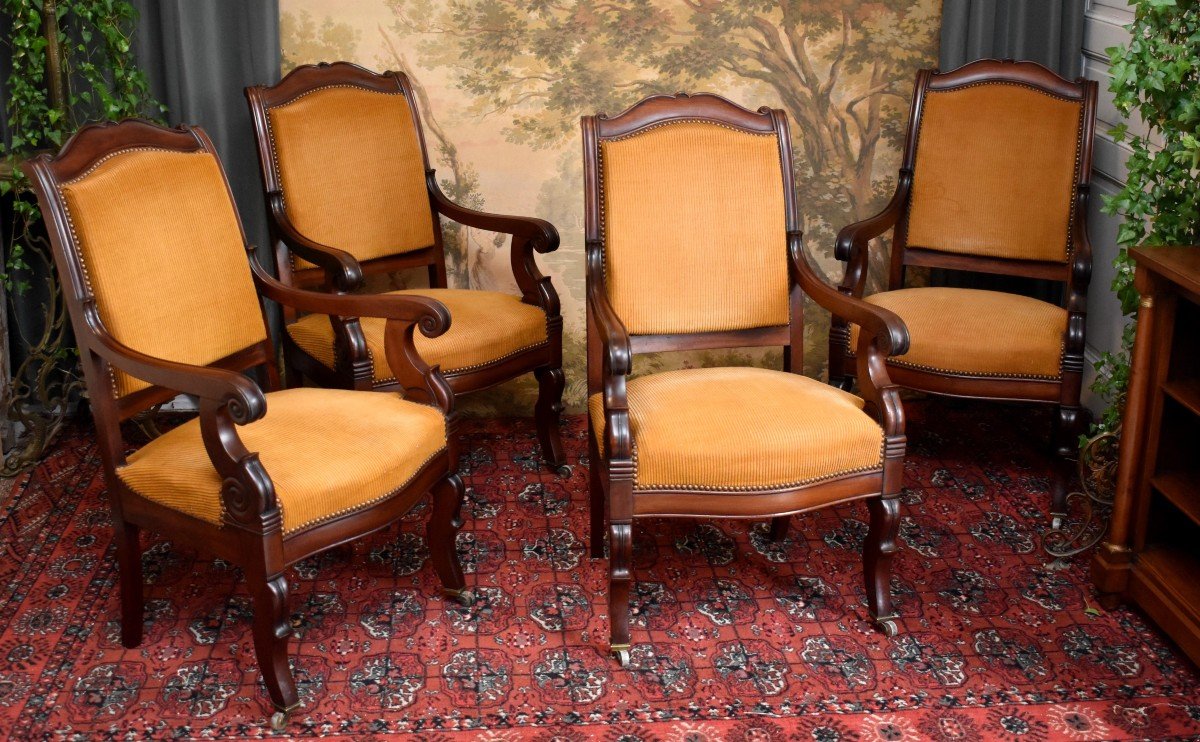 Suite Of Four Mahogany Armchairs Restoration Period, XIX E, Possibility Sale In Pair.-photo-2