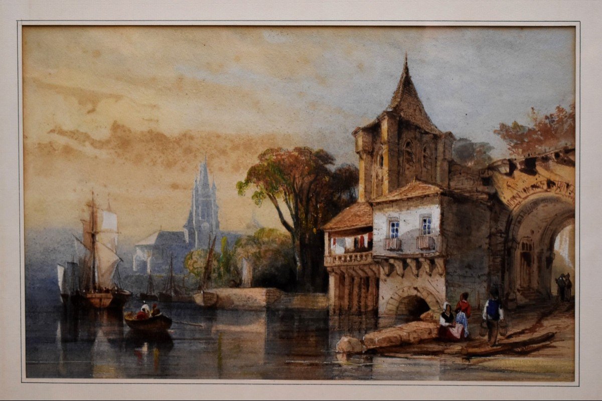 Animated River Landscape, Framed And Animated Watercolor With Figures And Boats, Small Port.