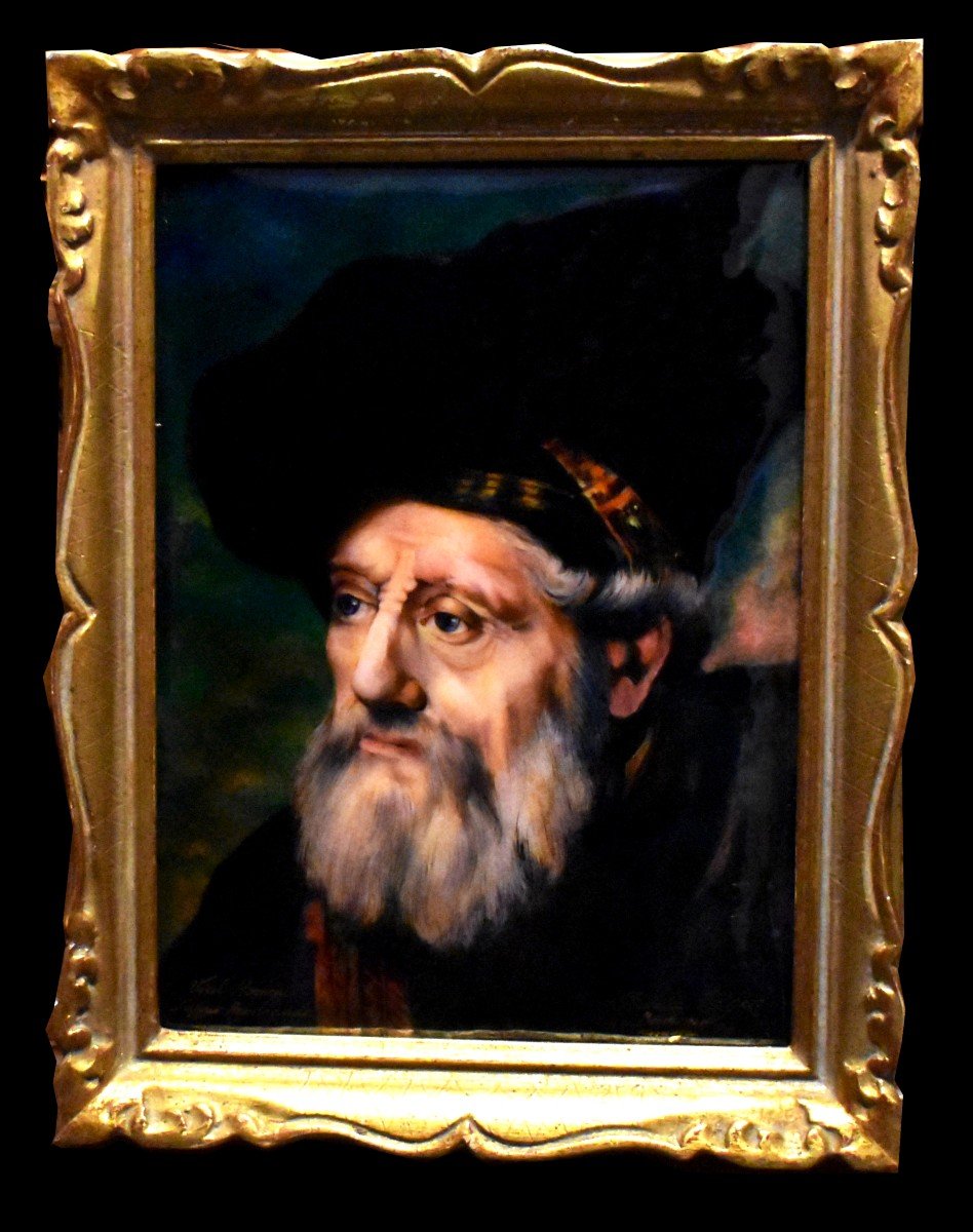 René Bonhomme, Email From Limoges, Enamel Plate, Portrait Of An Old Man After Rembrandt