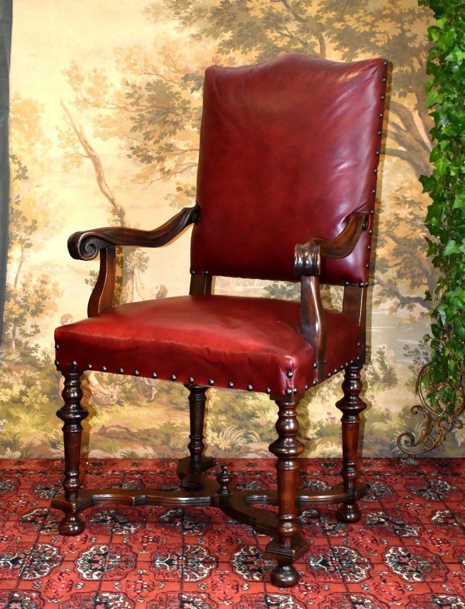 Fauteuil De Style Louis XIX, garniture  en Cuir Bordeaux, XIXe, Siège pour salon, Bureau etc...-photo-3