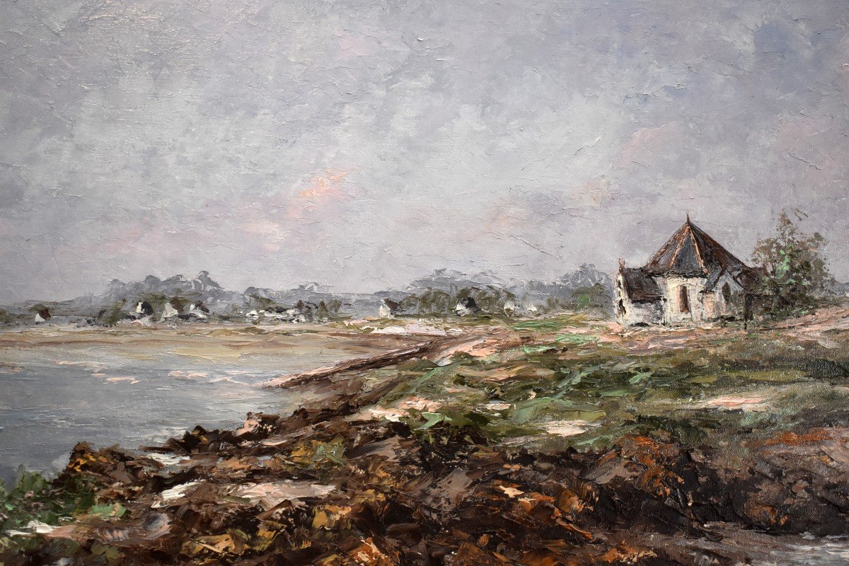 Morbihan, Grand tableau maritime , paysage de mer de la Pointe De Penvins et de  la  chapelle Notre Dame de la côte,  par Pierre Noailhac .-photo-4